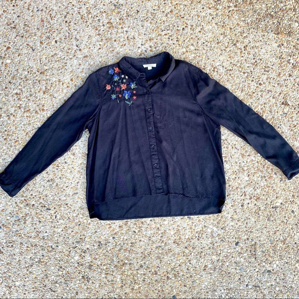 BeachLunchLounge Embroidered Floral Black Button Down Shirt Sz XL